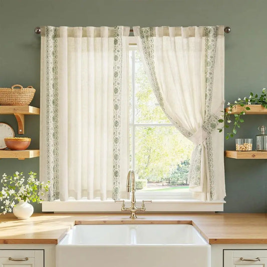 Small Linen Cafe Curtains With Bordered Floral Embroidery For Kitchen And Bath