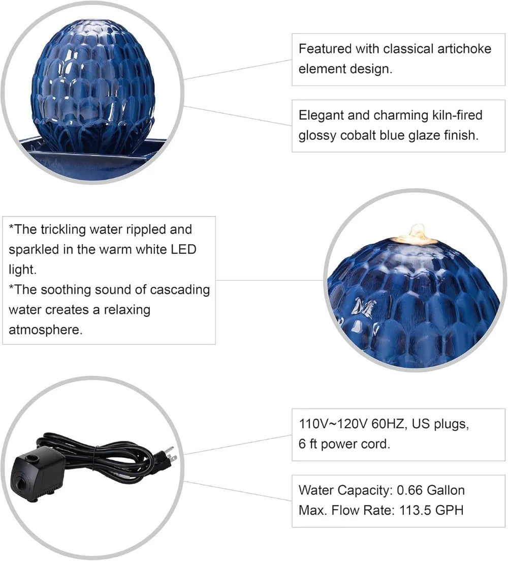 Ceramic Outdoor Water Fountain With LED Light For Garden Patio