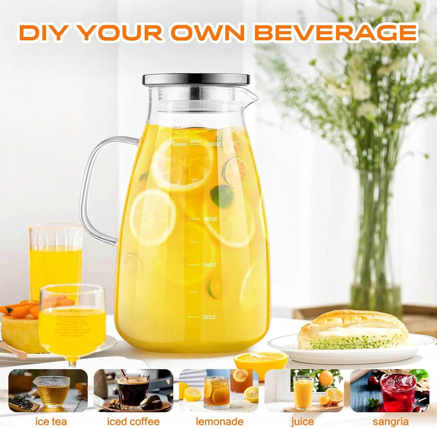 Glass Pitcher With Lid Wide Mouth For Hot Cold Drinks