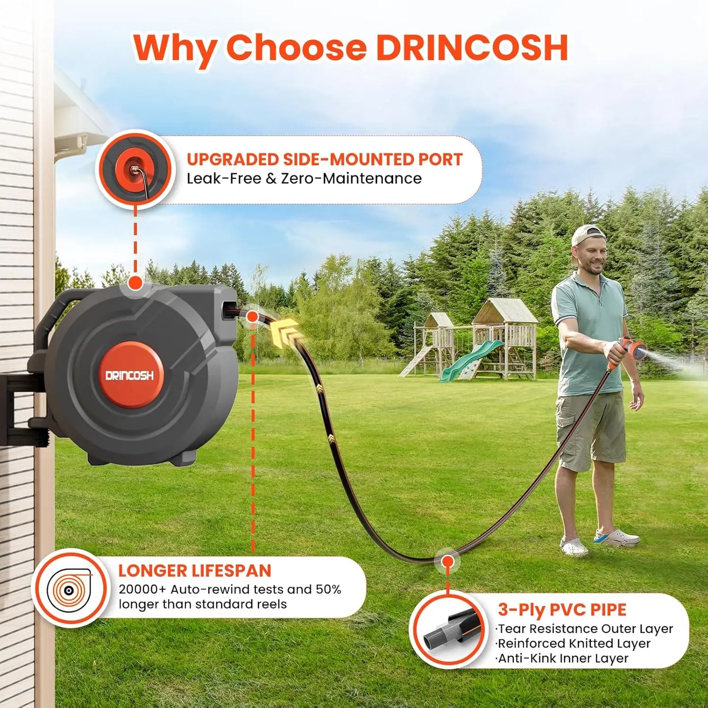 Retractable Garden Hose Reel With Auto Retraction And 180 Swivel