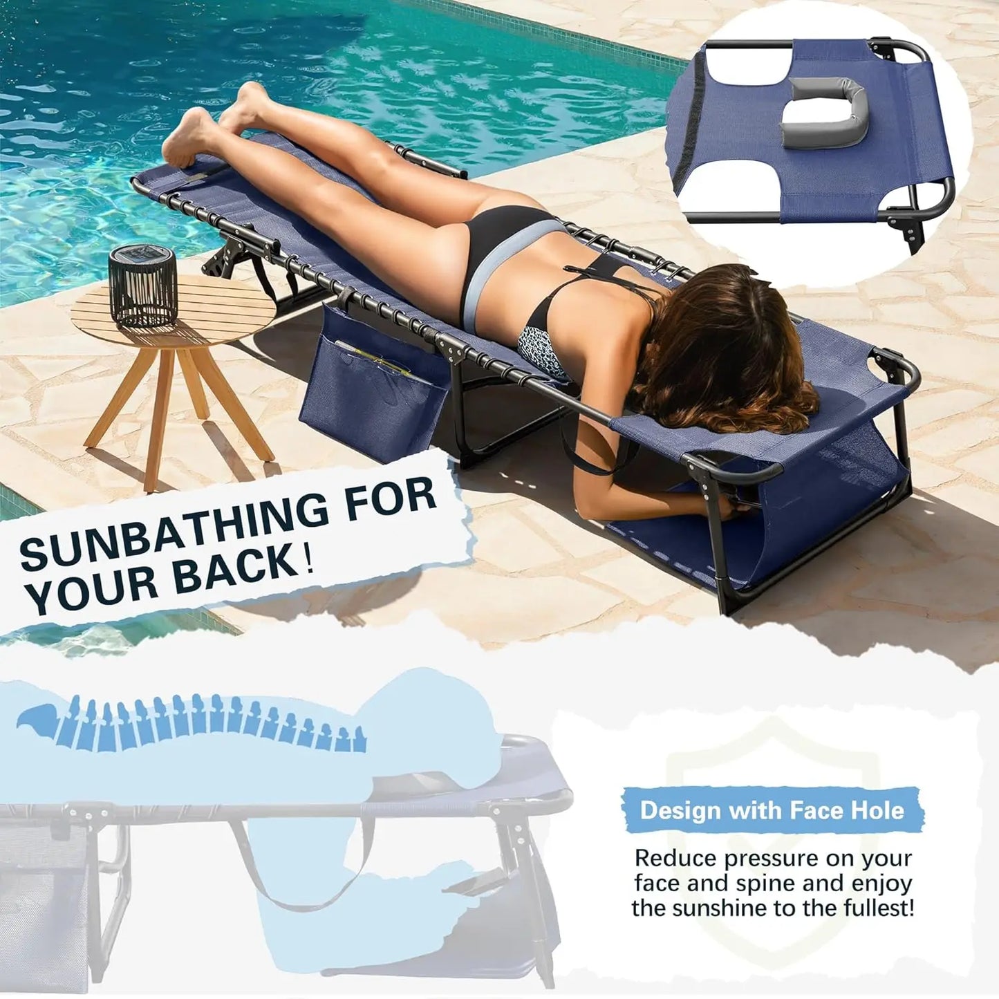 Folding Tanning Chair With Adjustable Back And Detachable Pillow And Pocket