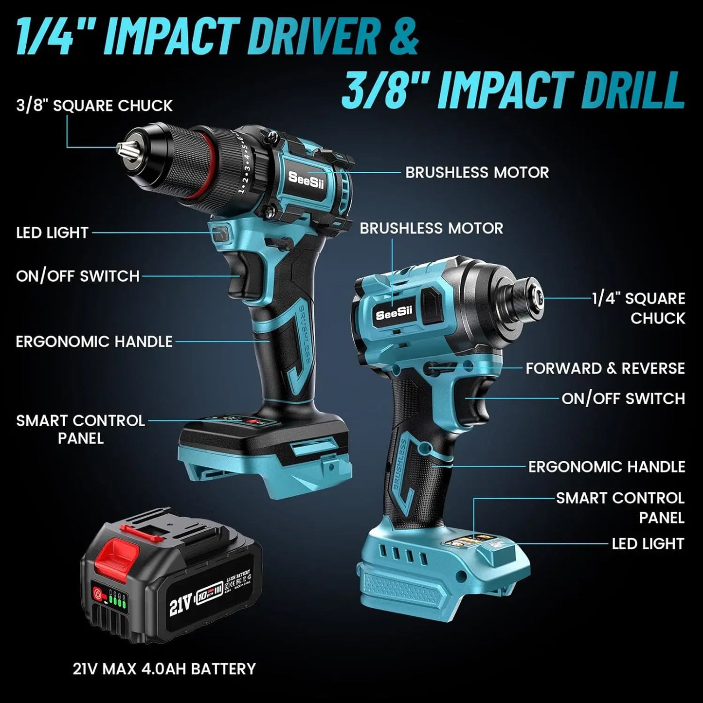 Seesii 21V Max Cordless Drill And Impact Driver Combo Kit