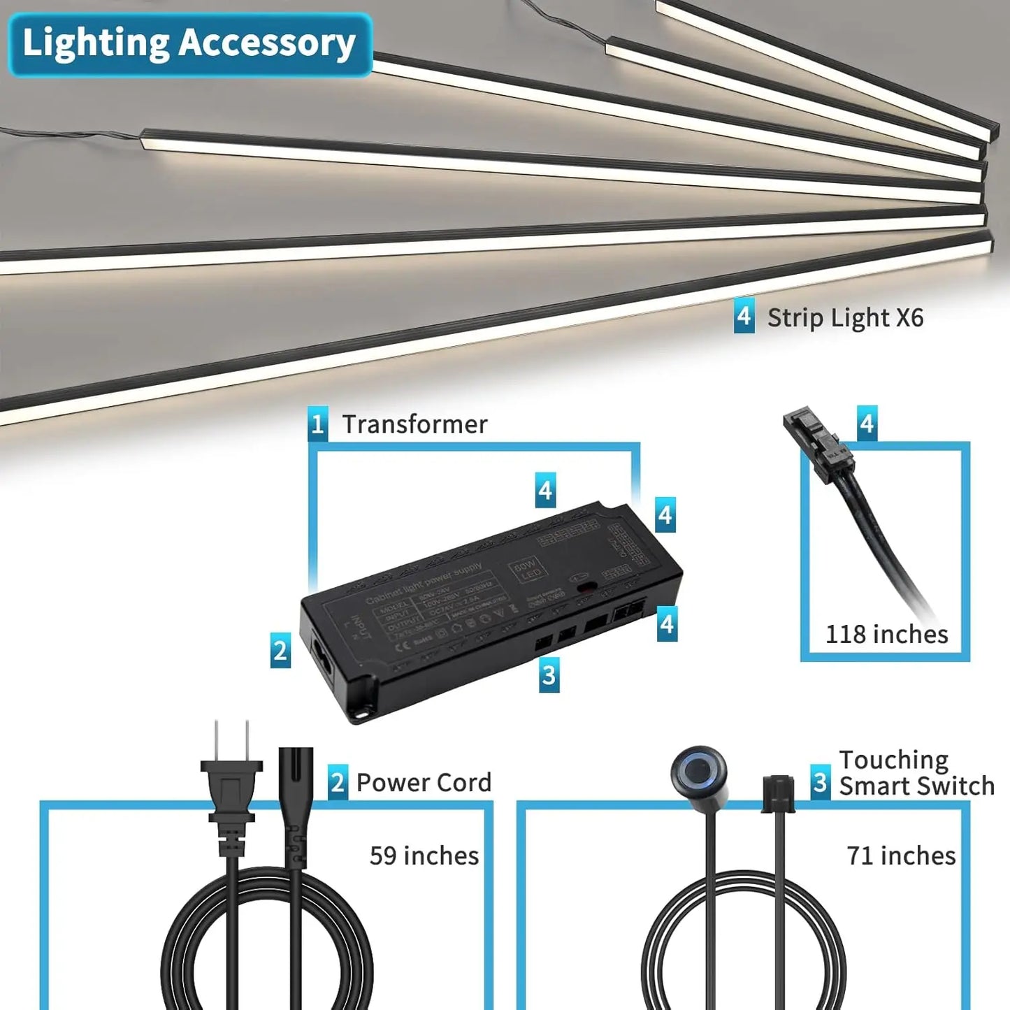6-Pack Self-Adhesive LED Strip Lights With Touch Switch