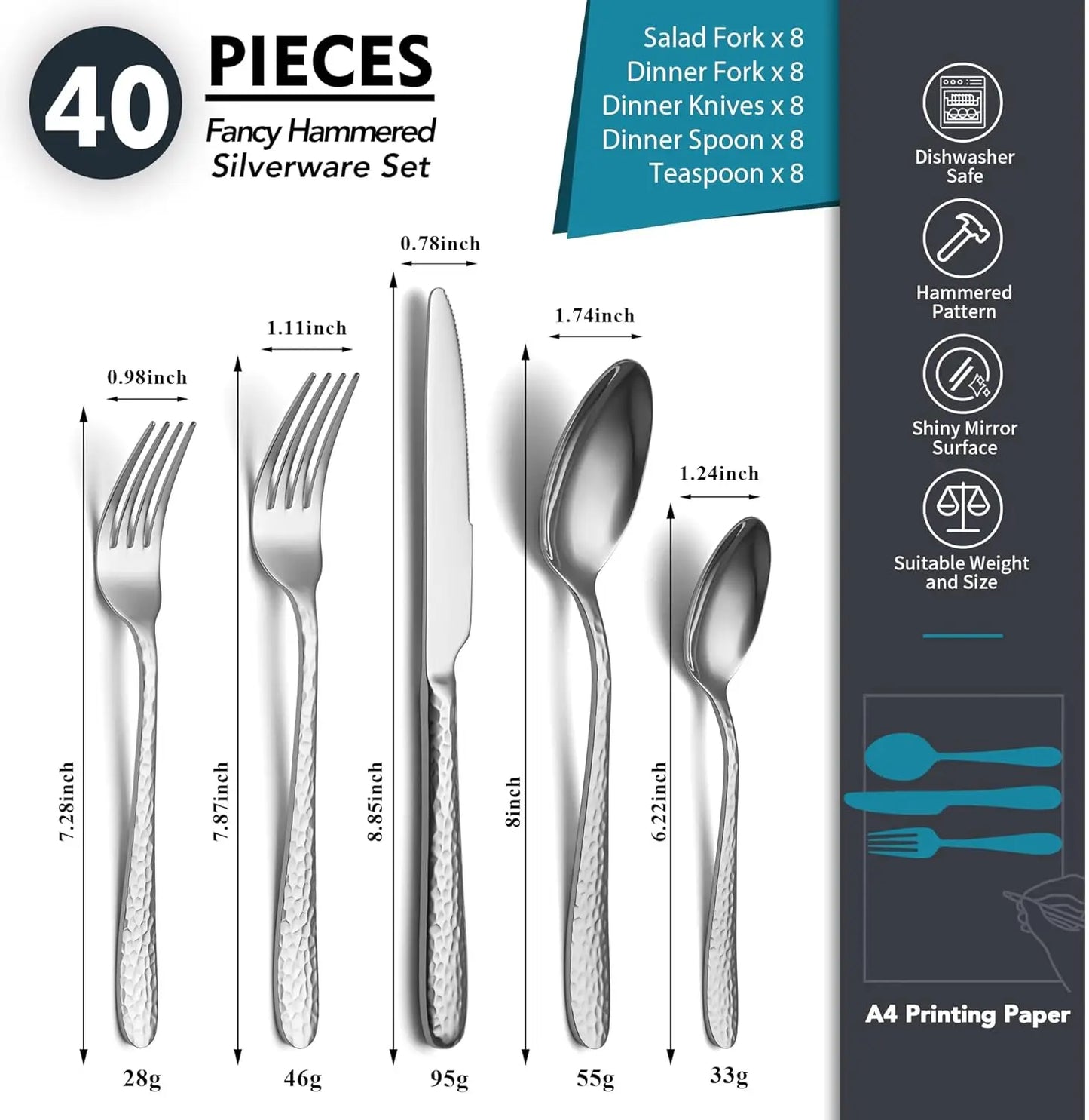 Hammered Stainless Steel Flatware Set In Mirror Finish Dishwasher Safe