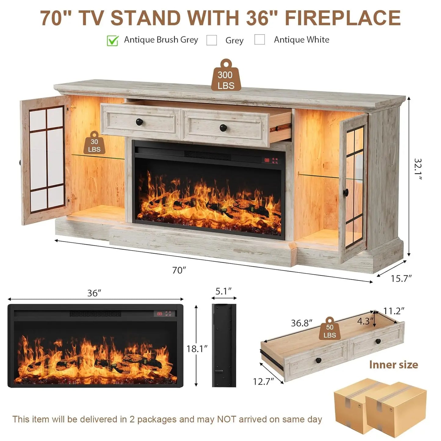 Contemporary TV Stand With Electric Fireplace And LED Lights
