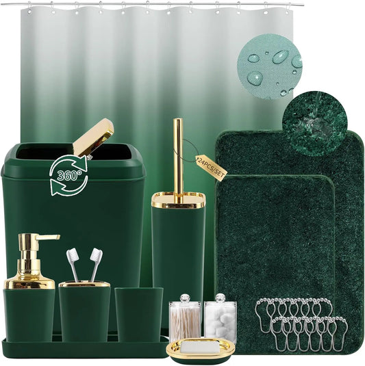 Dark Green Ombre Bathroom Set 24PCS with Shower Curtain, Rugs, Soap Dispenser & Toilet Brush for Housewarming Gift