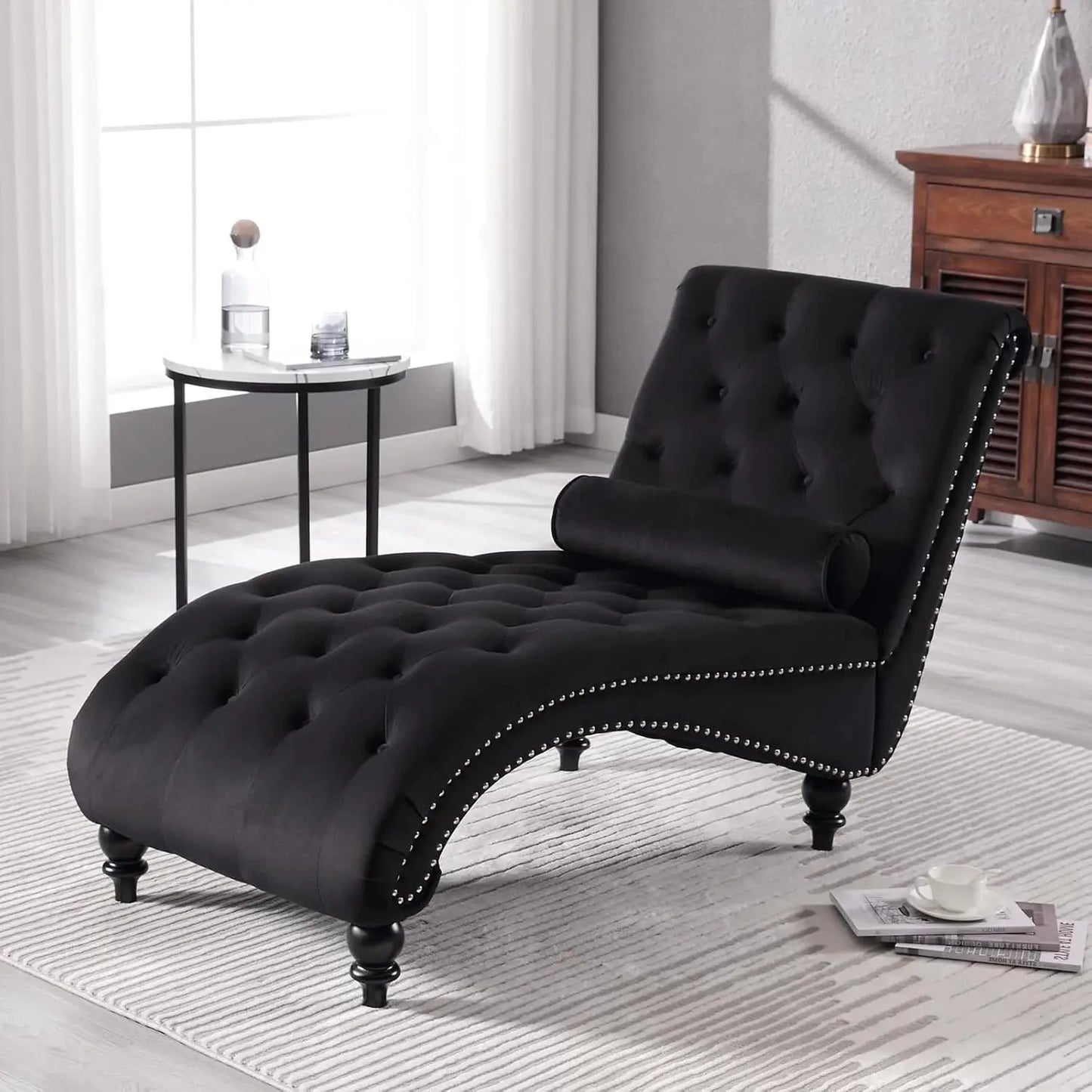 Velvet Tufted Chaise Lounge Chair With Pillow Indoor Living Room