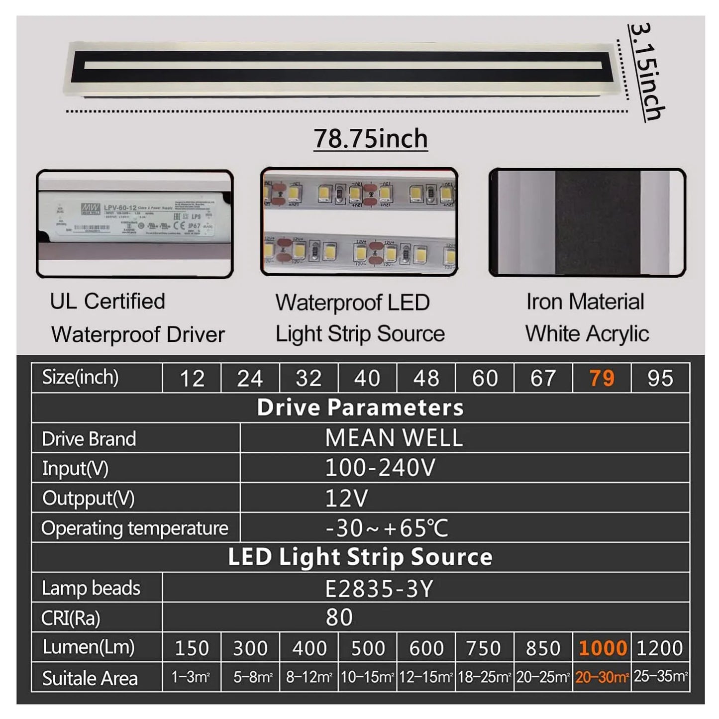 Outdoor Long LED Wall Light Strip Sconce IP67 Frosted Acrylic