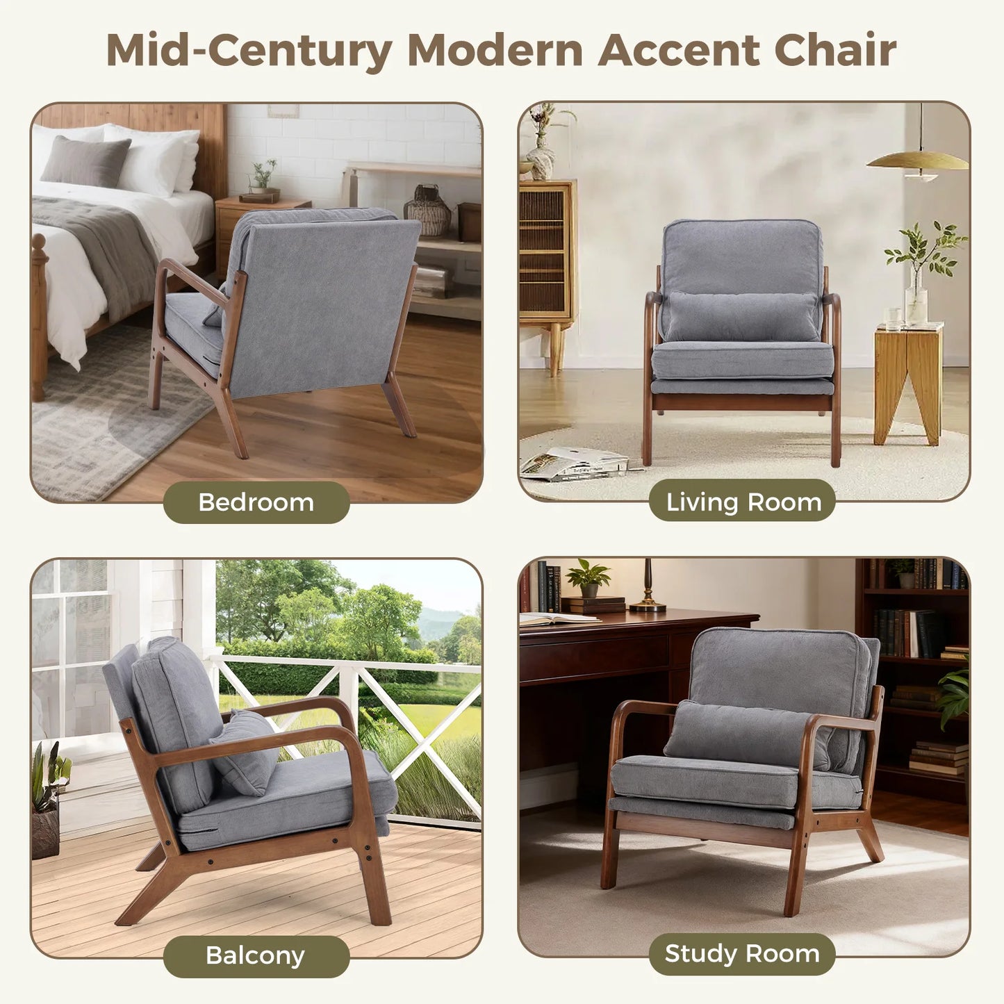 JHK Mid Century Modern Armchair With Wooden Frame For Home