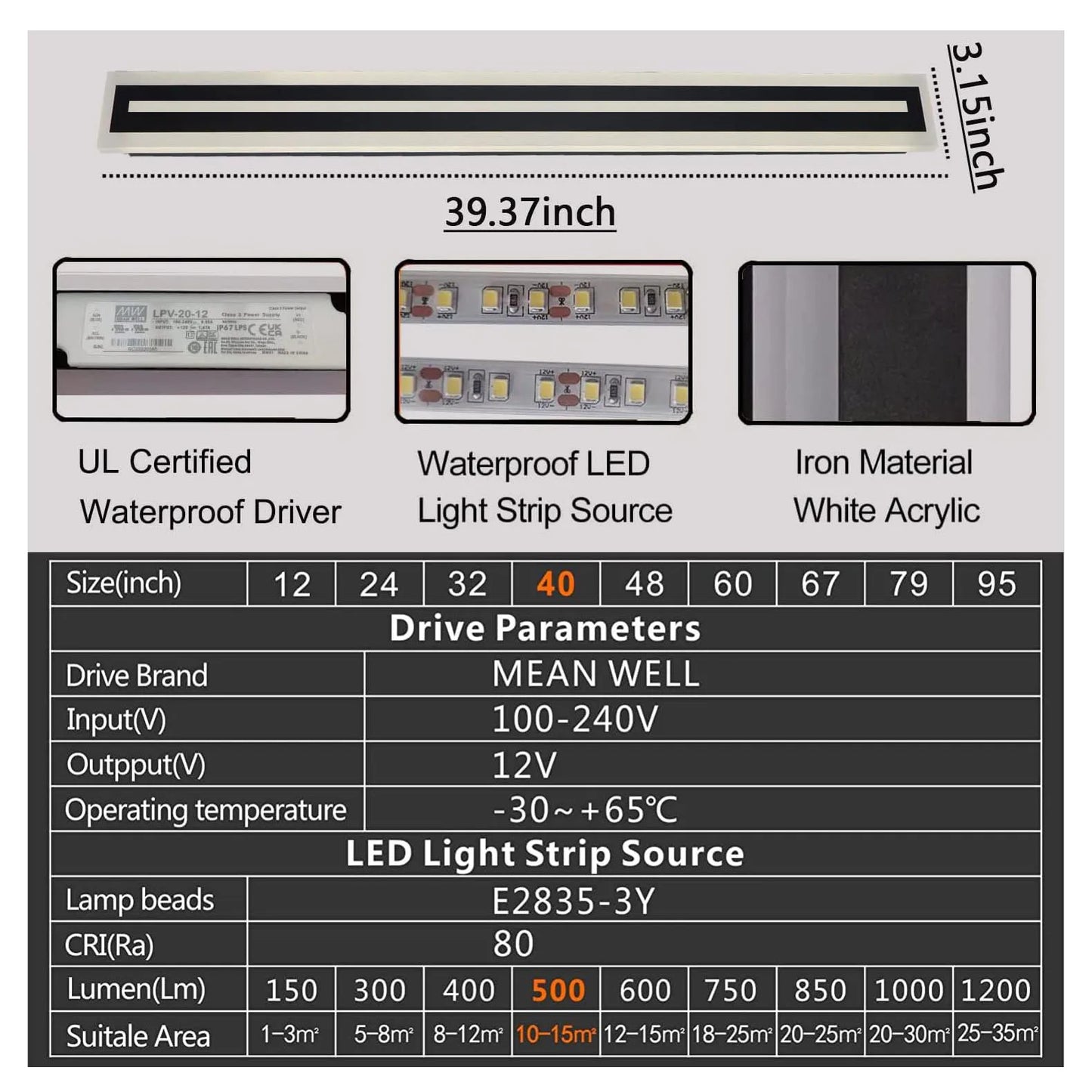 Outdoor Long LED Wall Light Strip Sconce IP67 Frosted Acrylic