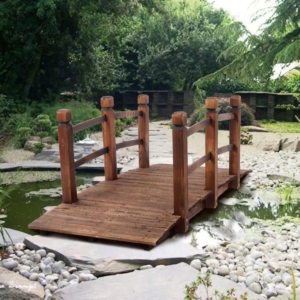Wooden Garden Bridge With Double Rails Walkway Outdoors