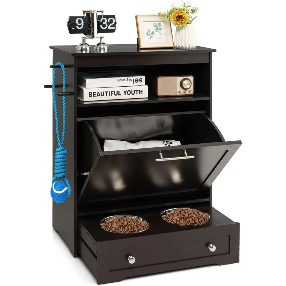 Pet Feeder Station With Double Pull Out Bowls And Dog Food Storage Cabinet