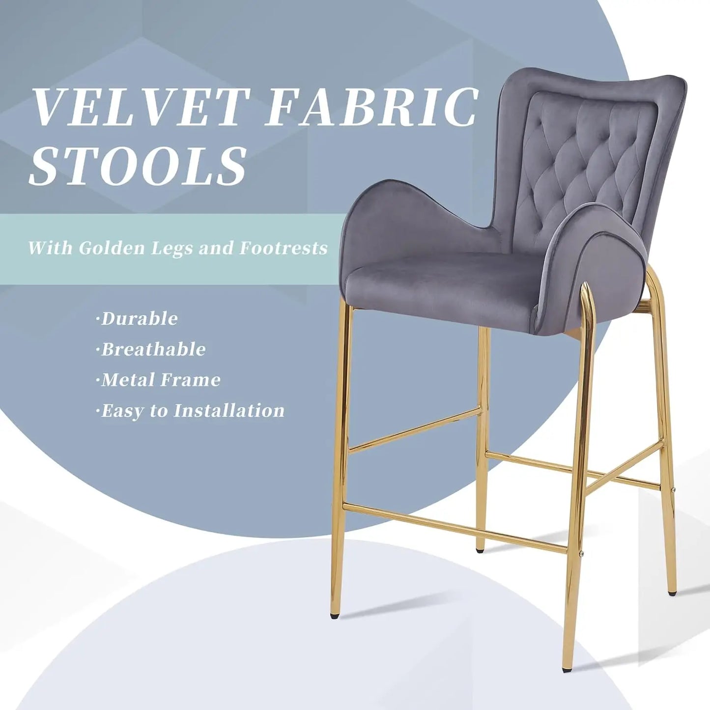 Luxury Velvet Bar Stools Set Of Four With Gold Metal Legs Counter Height