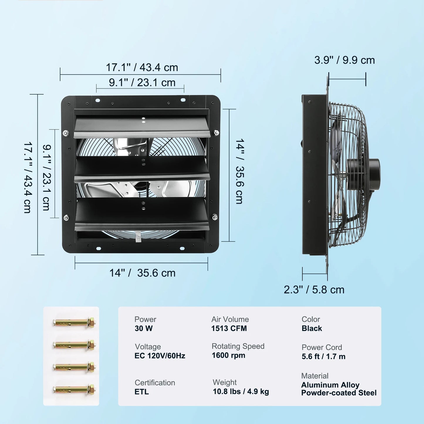 VEVOR Shutter Exhaust Fan Adjustable 10 Speed EC Motor