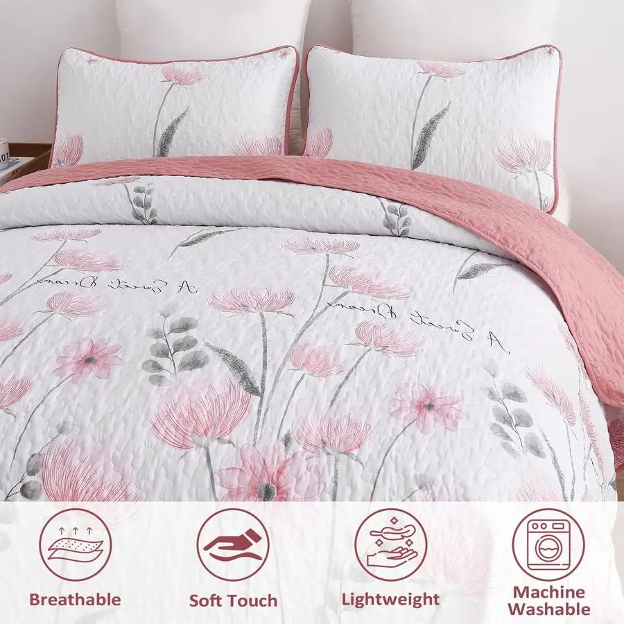 Floral Quilt Set 3 Piece Wool Filled Lightweight Farmhouse Bedding