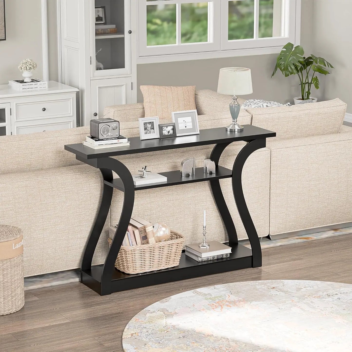 Minimalist Wood Console Table For Entryway With 3 Tier Storage