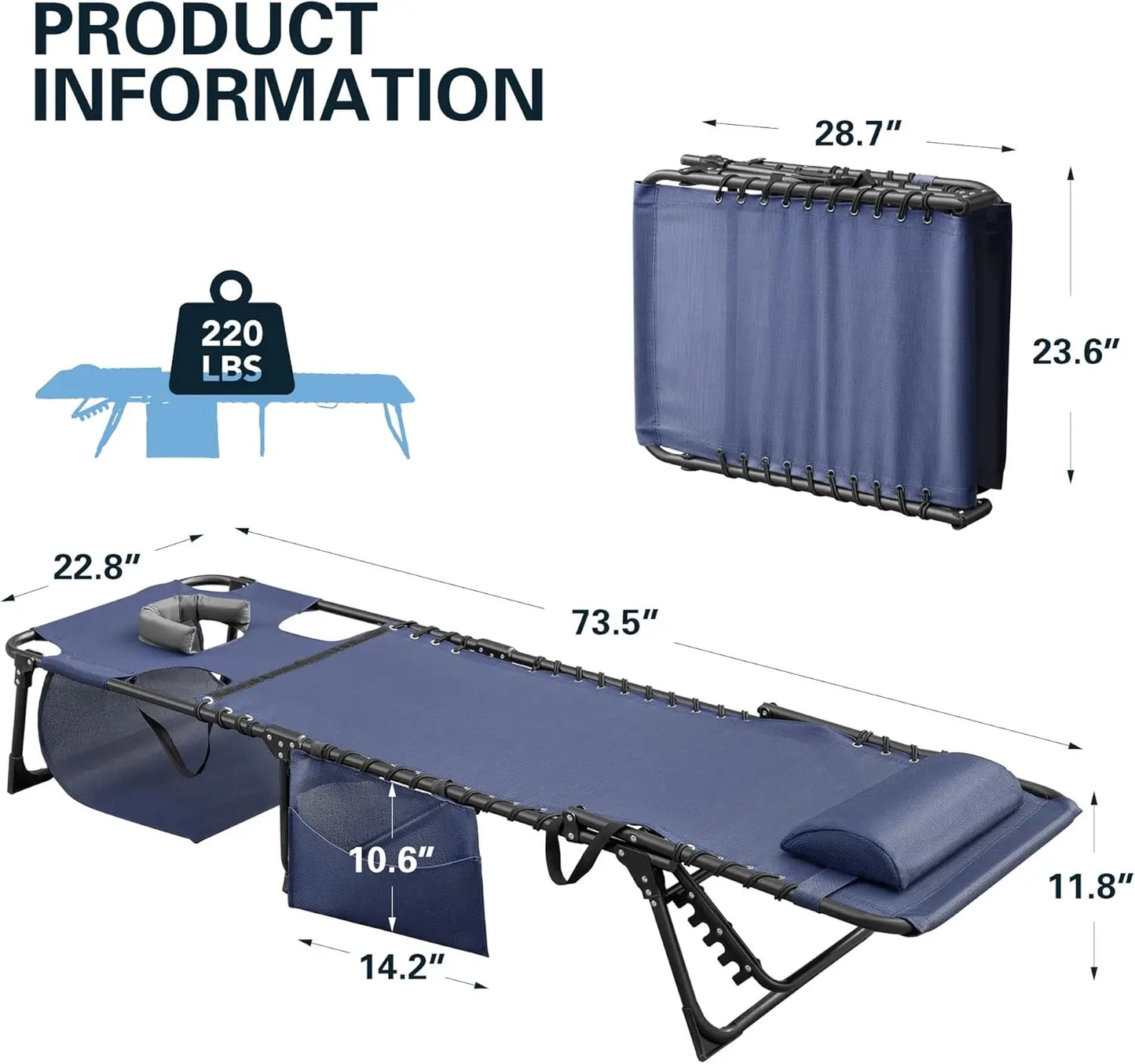 Folding Tanning Chair With Adjustable Back And Detachable Pillow And Pocket