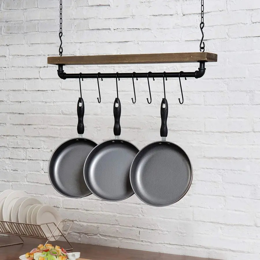 Rustic Wood And Industrial Wall Mounted Pot Rack For Kitchen