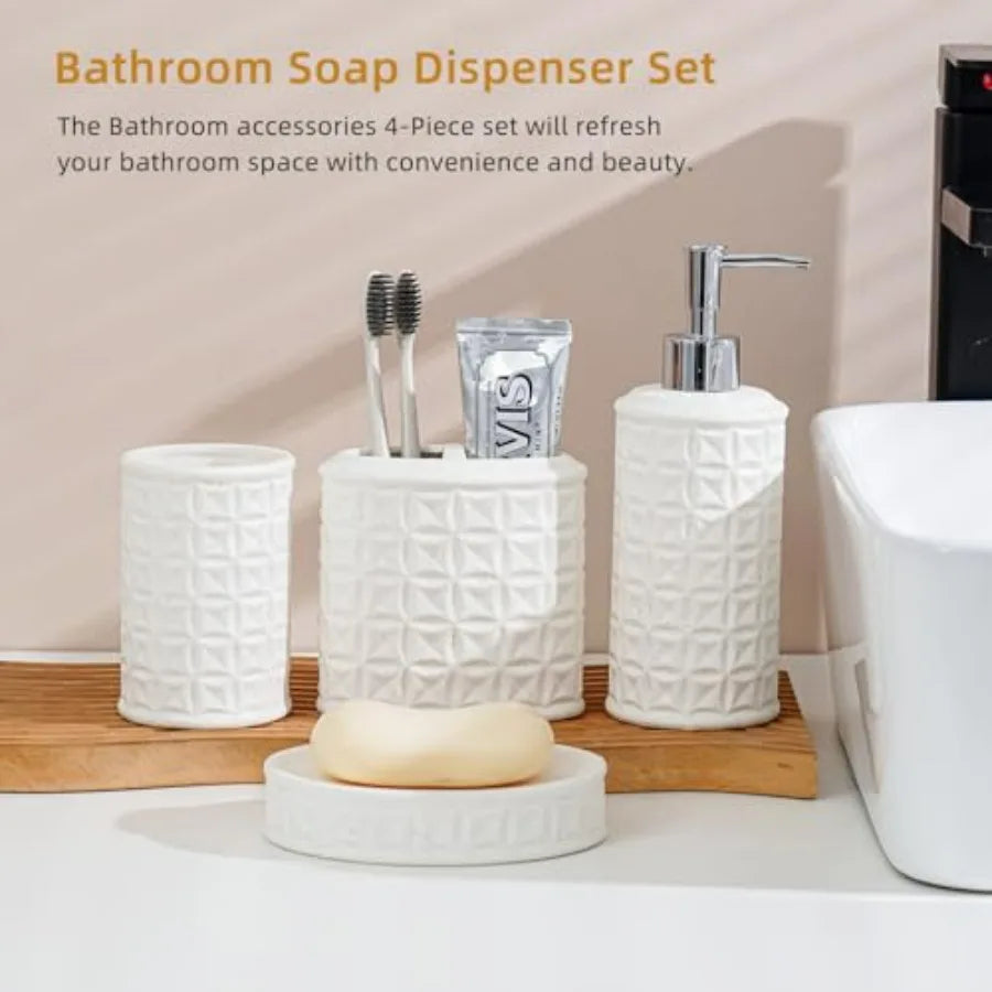 4-Piece Bathroom Accessory Set - White Ceramic Bathroom Decor for Counter Organization with Soap Dispenser Toothbrush Holder Tu