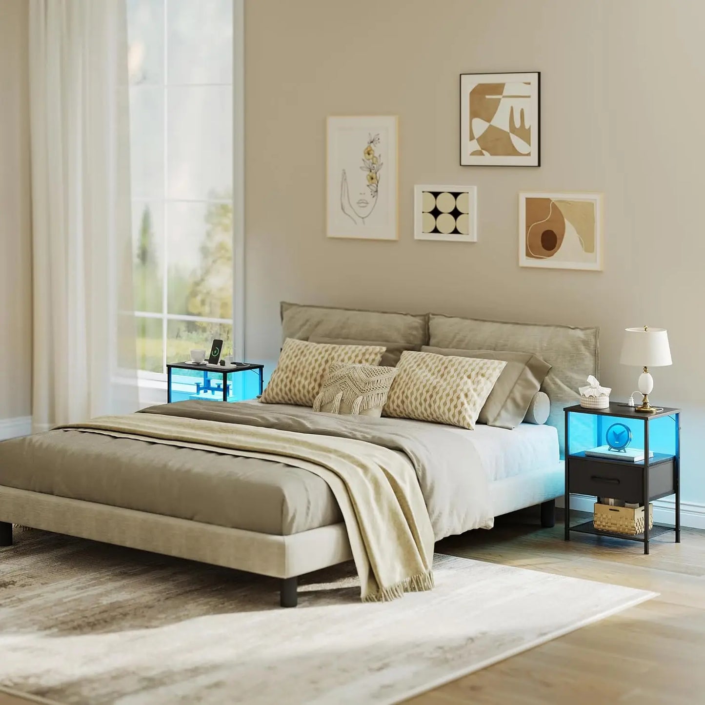 2-Piece Nightstand Set With Charging Station LED Lights