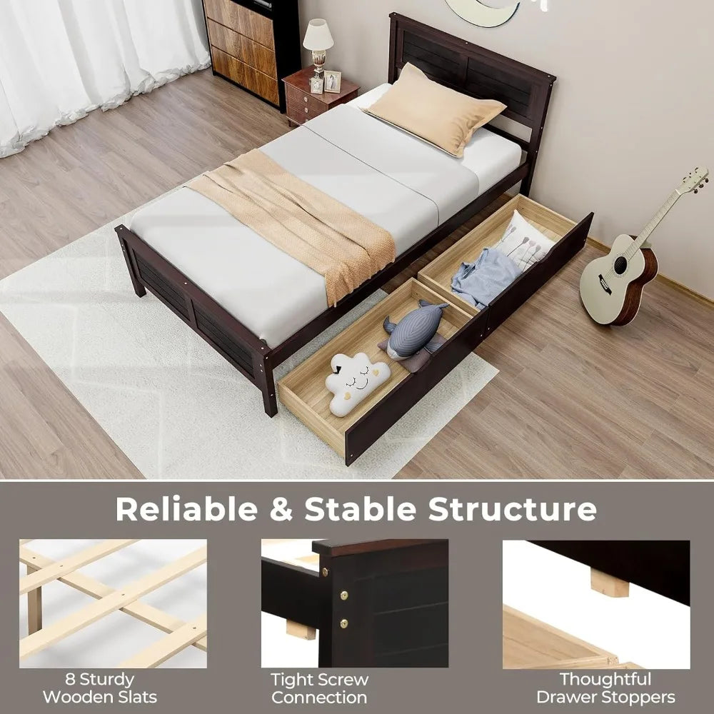 Wood Twin Platform Bed With Headboard And Slat Support