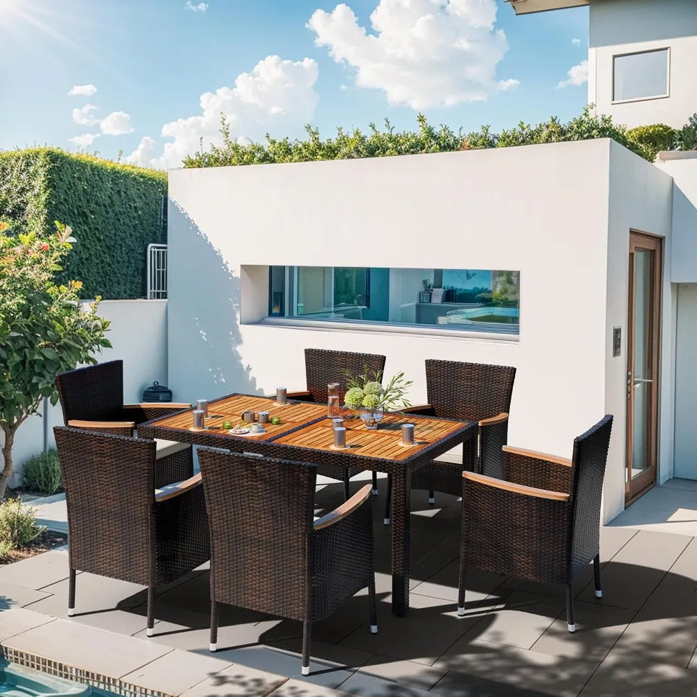 7 Piece Outdoor Wicker Patio Dining Set With Wooden Table