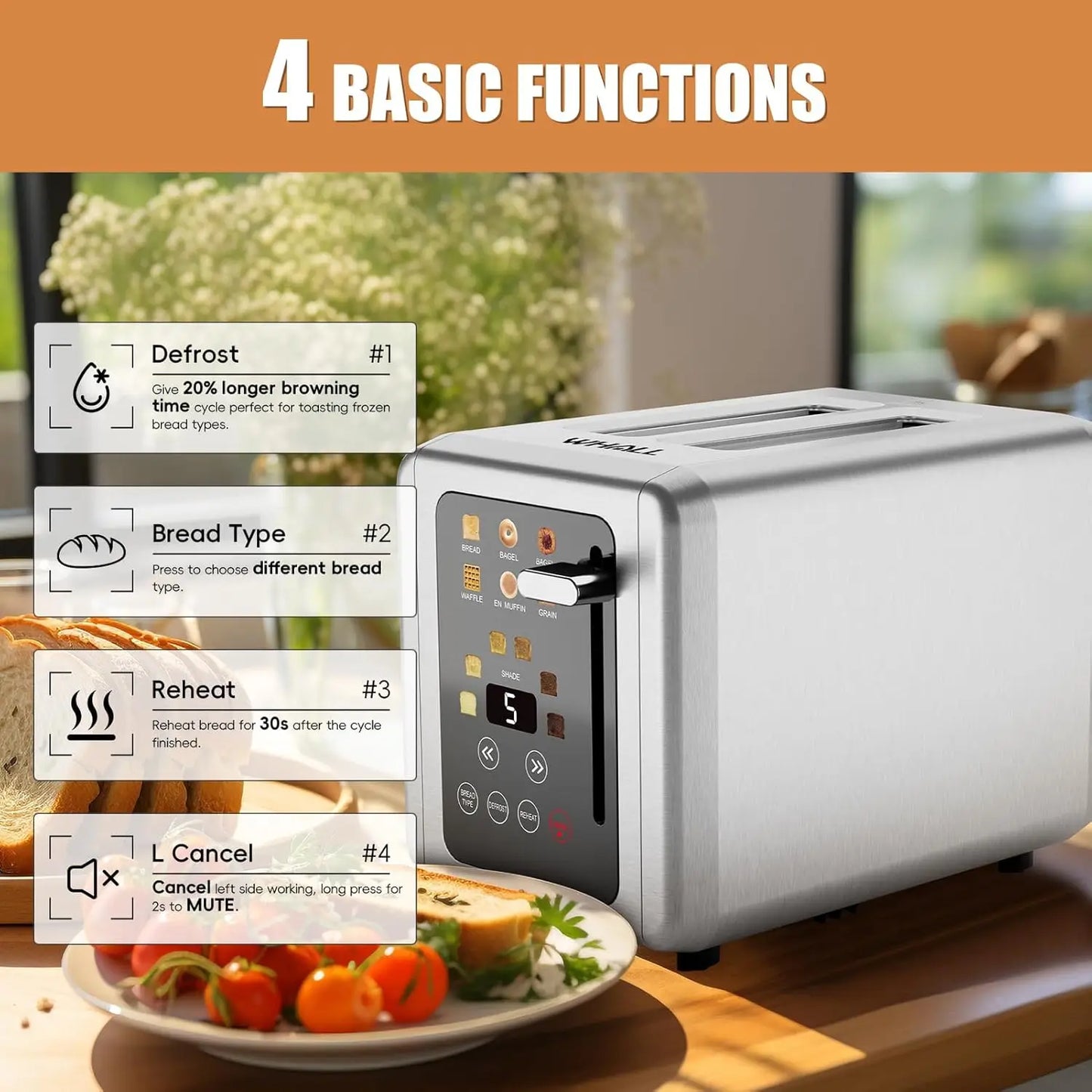 Touch Screen Toaster With Digital Timer And Bagel Slots