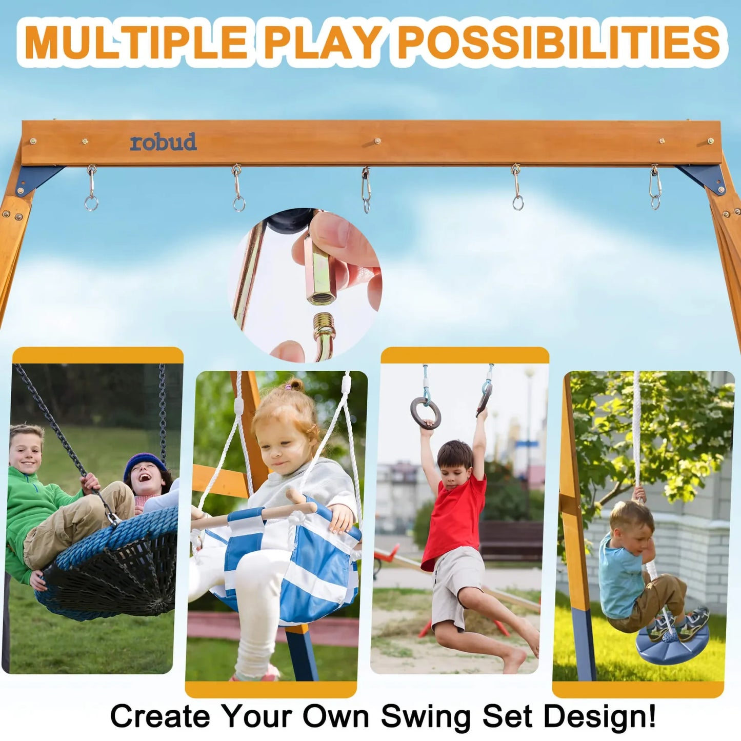 Robotime Robud 3-In-1 Playground Wooden Swing Set Backyard