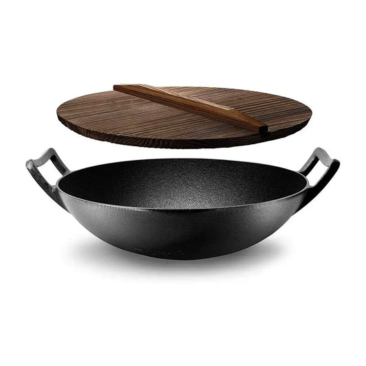 Cast Iron Wok With Wooden Lid Preseasoned For Stir Fry