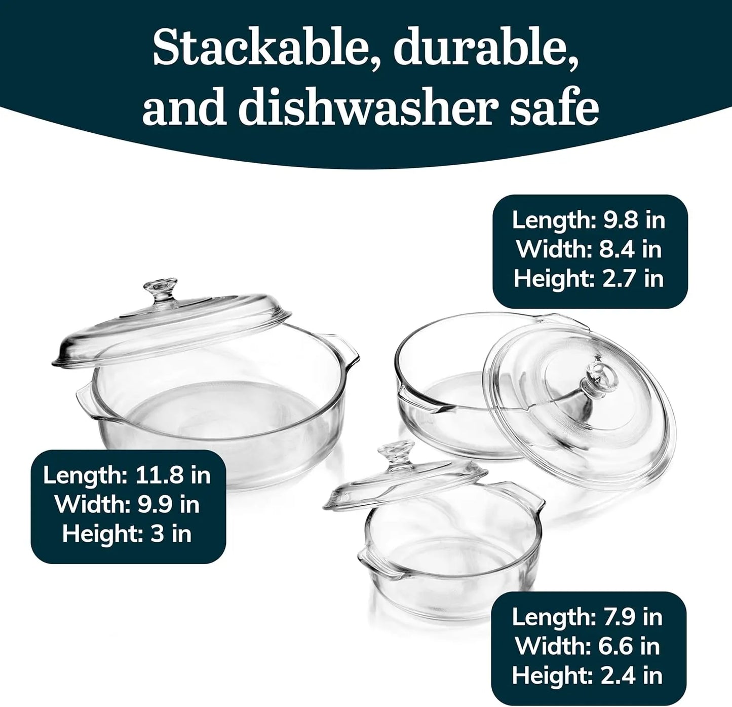 3 Piece Glass Casserole Baking Dish Set With Lids Oven Safe