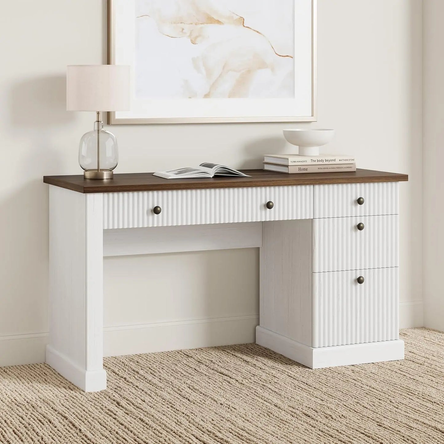 HiMISS Modern Executive Desk With Charging Station And File Cabinet