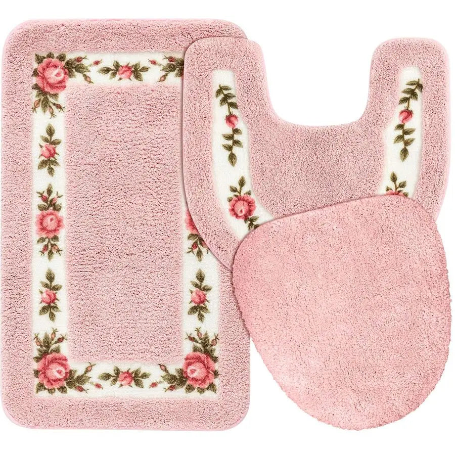 Rose Floral Bath Rug Set U Shaped Non Slip Absorbent