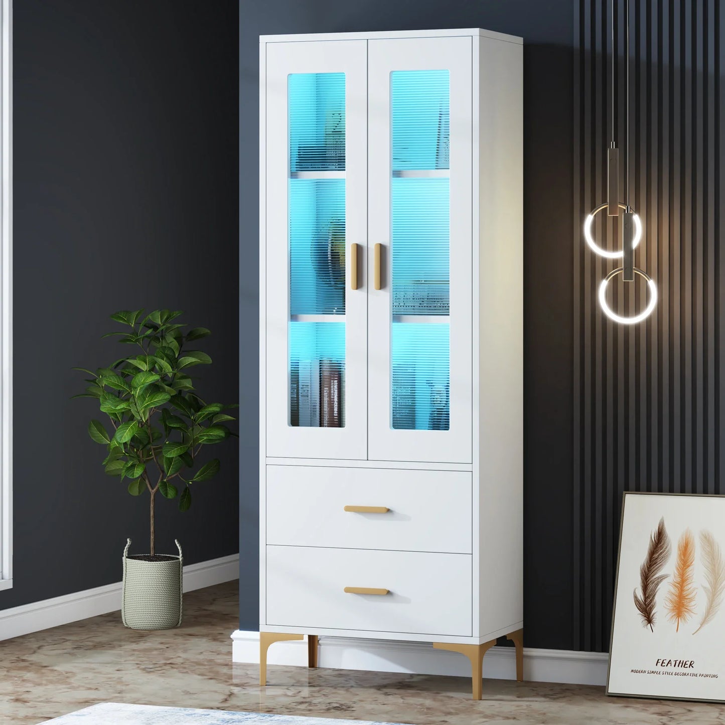 Tribesigns Bookcase With Led Light Doors And Storage Drawers
