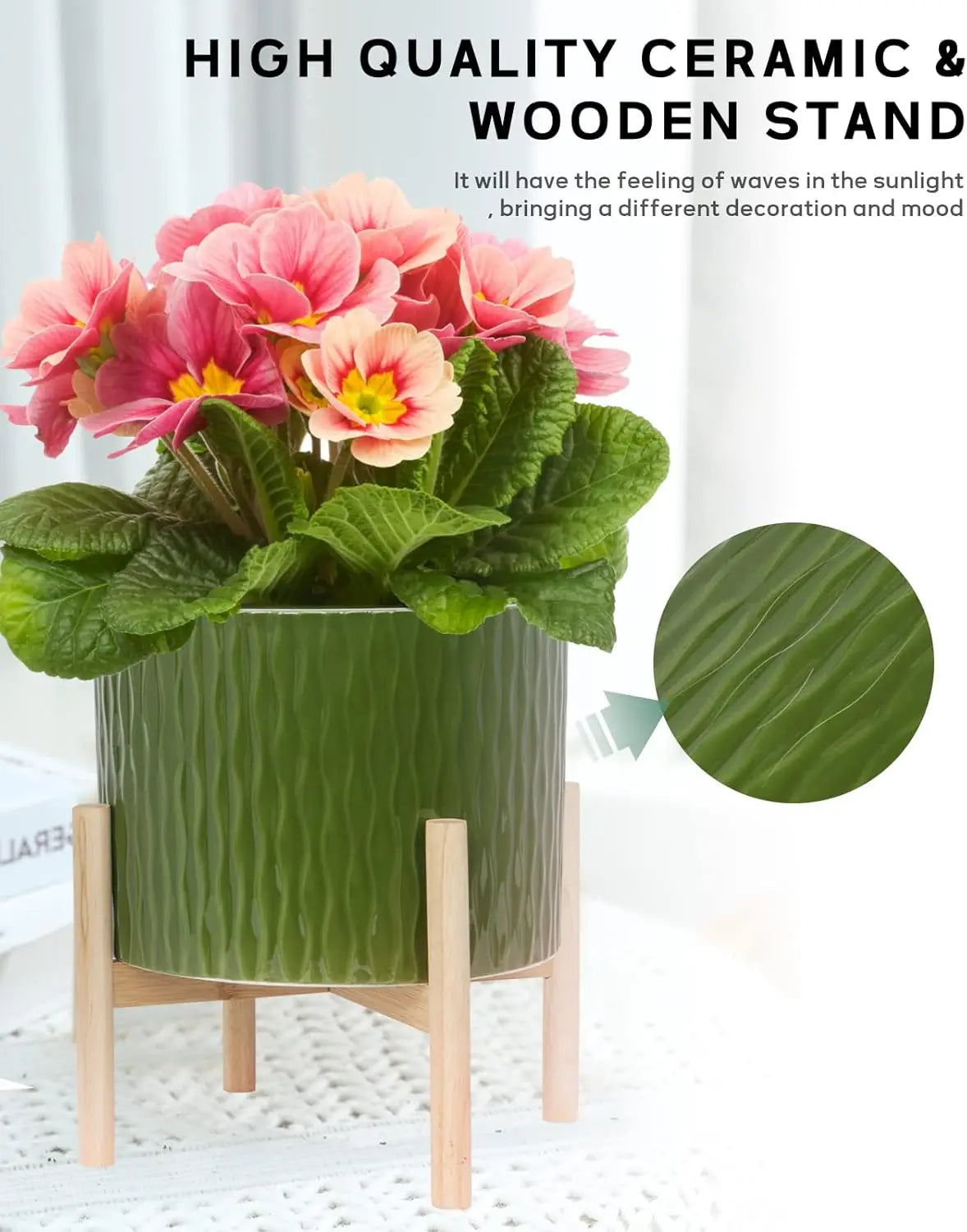 Ceramic Plant Pot With Wood Stand For Indoor Outdoor Use