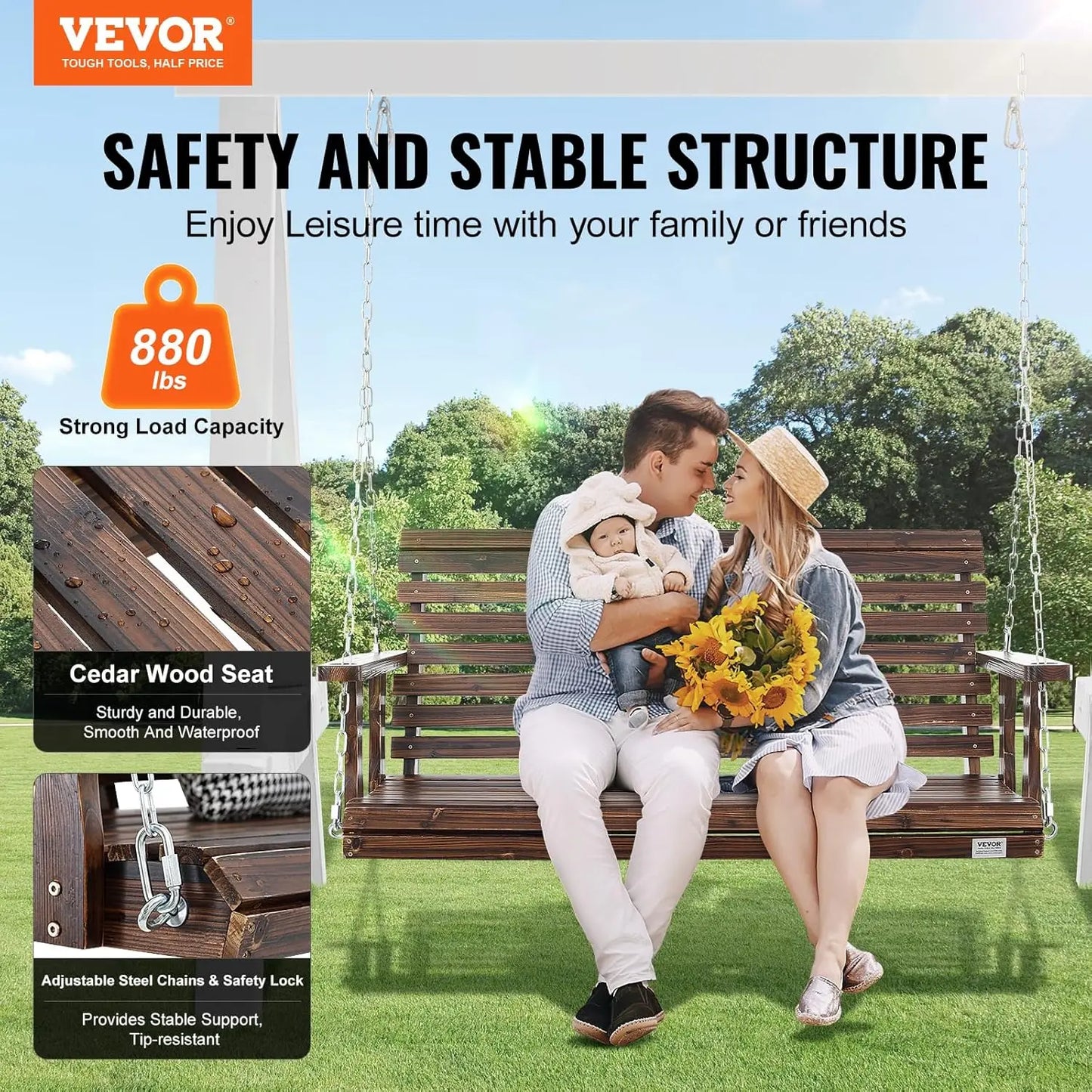 Outdoor Wooden Porch Swing Heavy Duty Hanging Bench Chair
