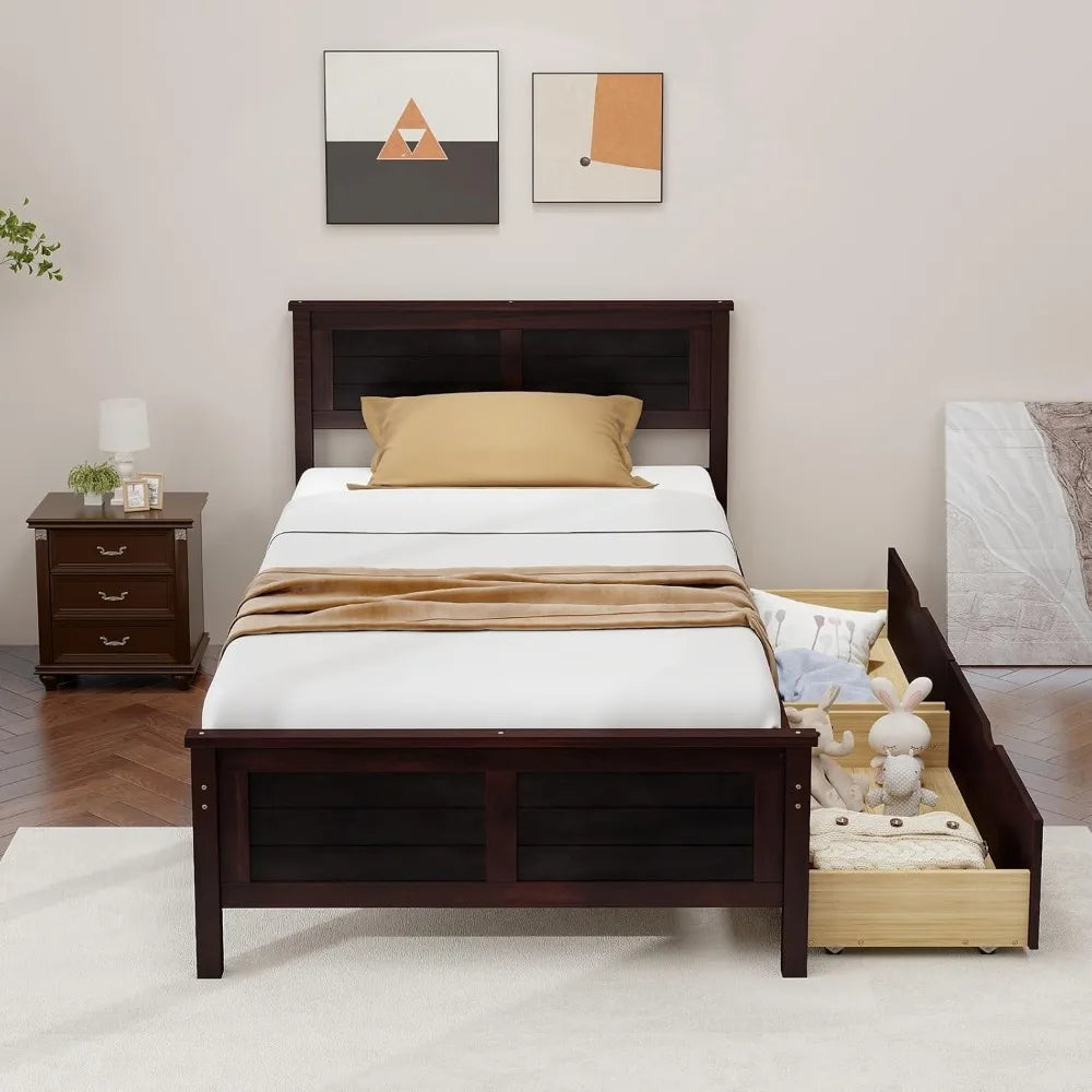 Wood Twin Platform Bed With Headboard And Slat Support