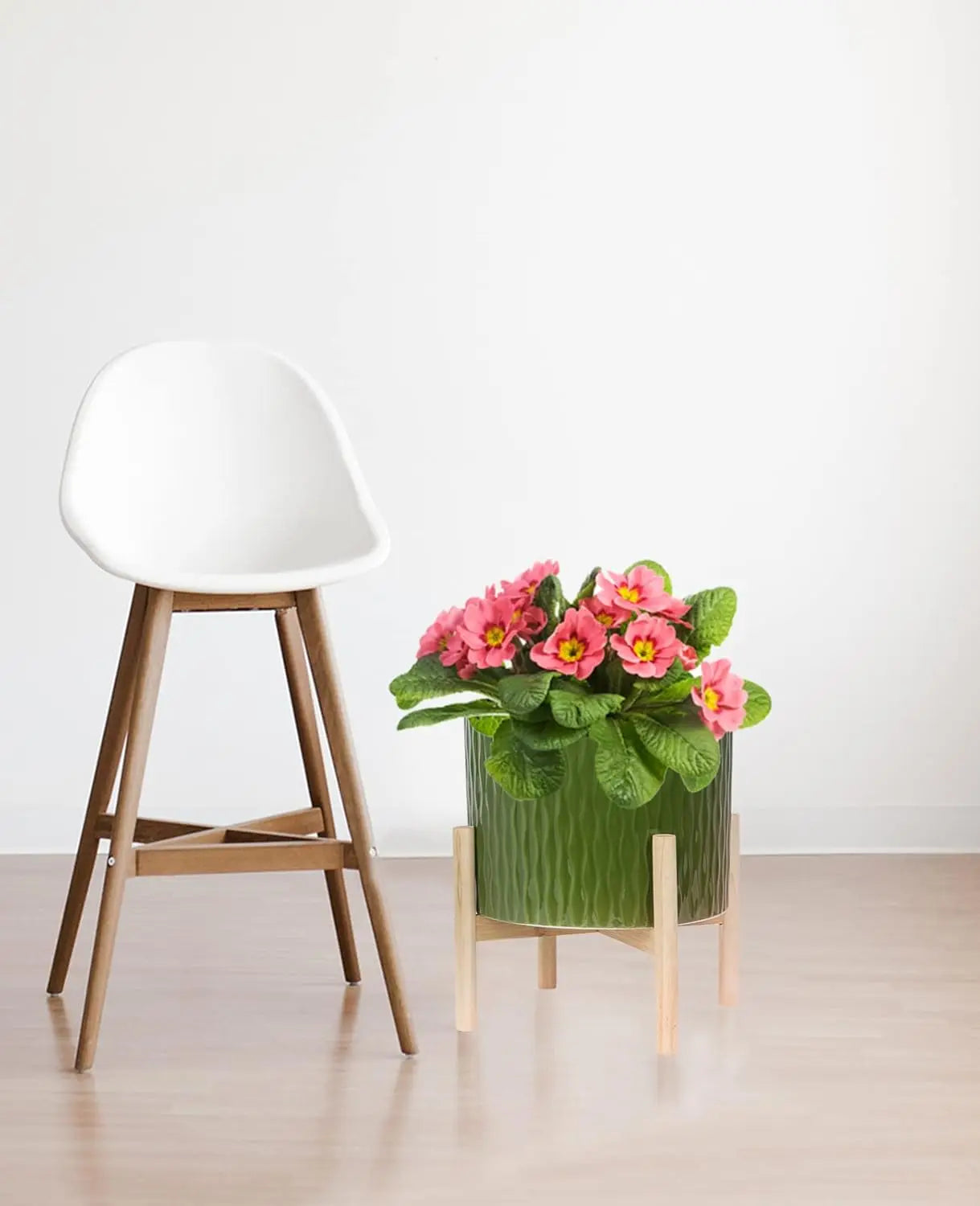 Ceramic Plant Pot With Wood Stand For Indoor Outdoor Use