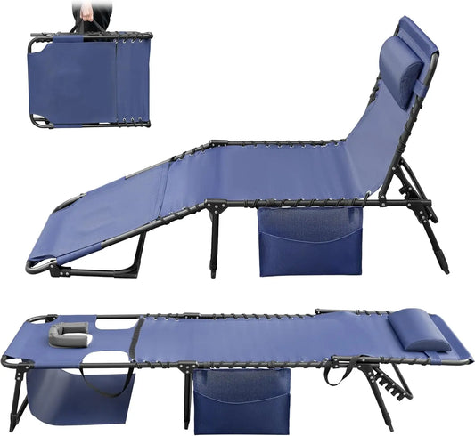 Folding Tanning Chair With Adjustable Back And Detachable Pillow And Pocket