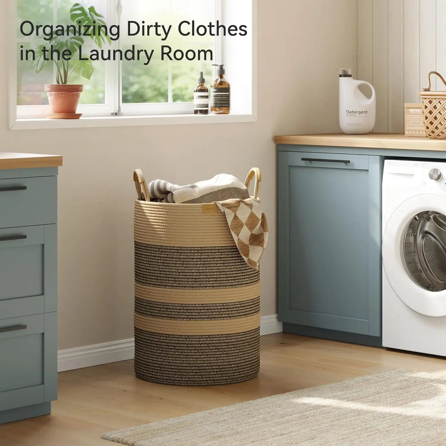 Foldable Laundry Basket With Leather Handles And Cotton Rope Storage