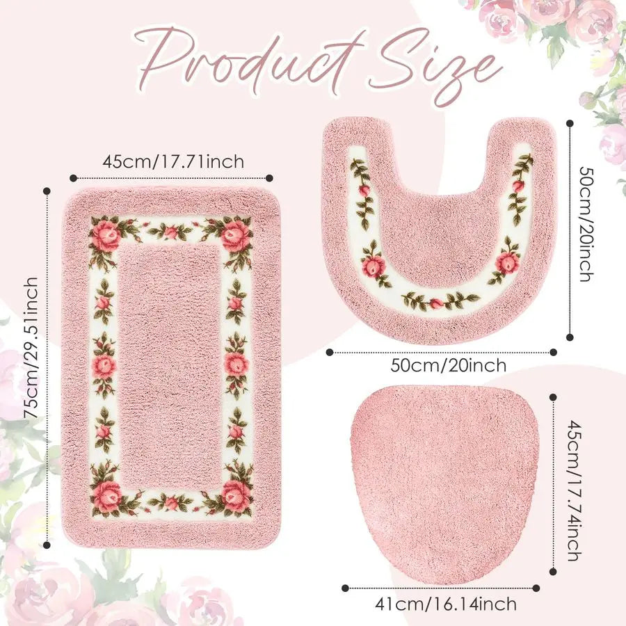 Rose Floral Bath Rug Set U Shaped Non Slip Absorbent