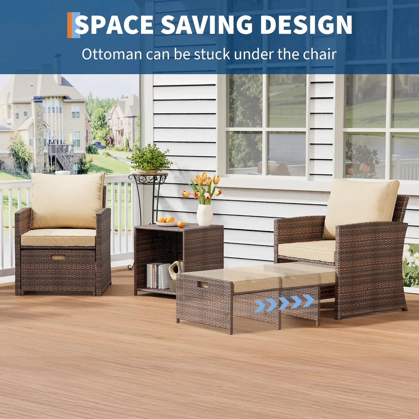HiMISS 5-Piece All-Weather PE Rattan Patio Set With High Back Chairs Ottomans