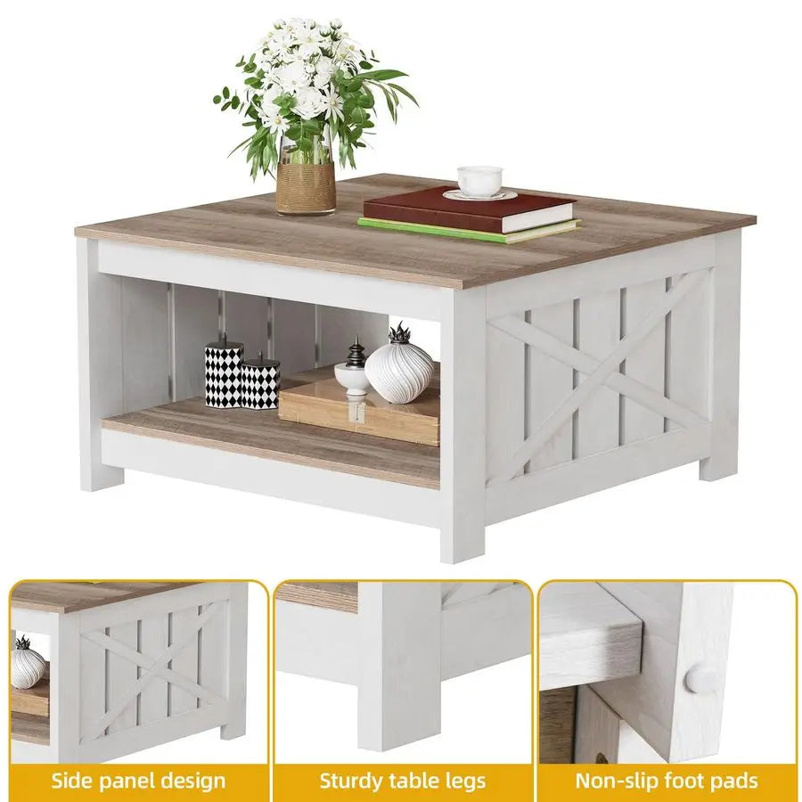 Square Farmhouse Coffee Table With Storage Two Tier Wood