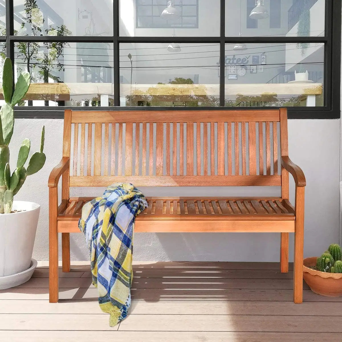 Outdoor Wooden Bench With Curved Armrests And Backrest