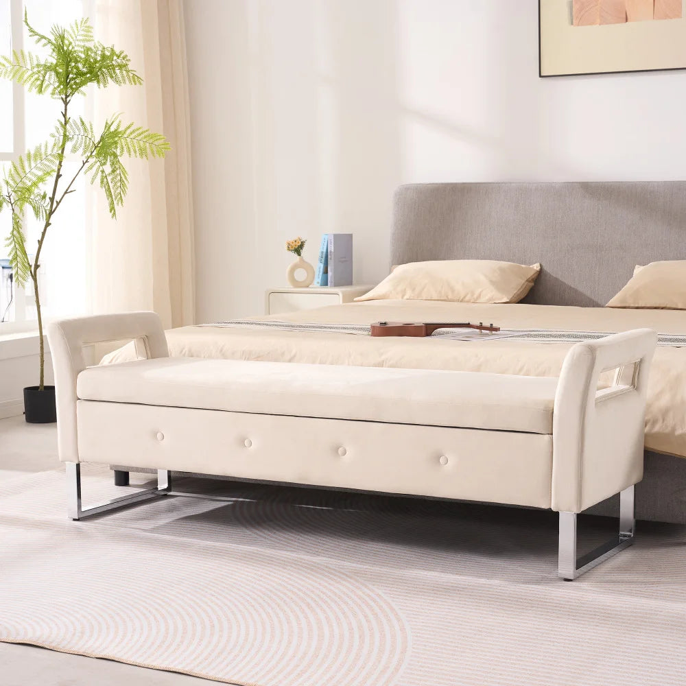 Velvet Storage Bench With Armrests For Living Room And Entryway