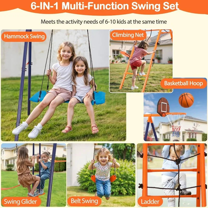 YTYIN Metal Swing Set With Climbing Ladder And Basketball Hoop