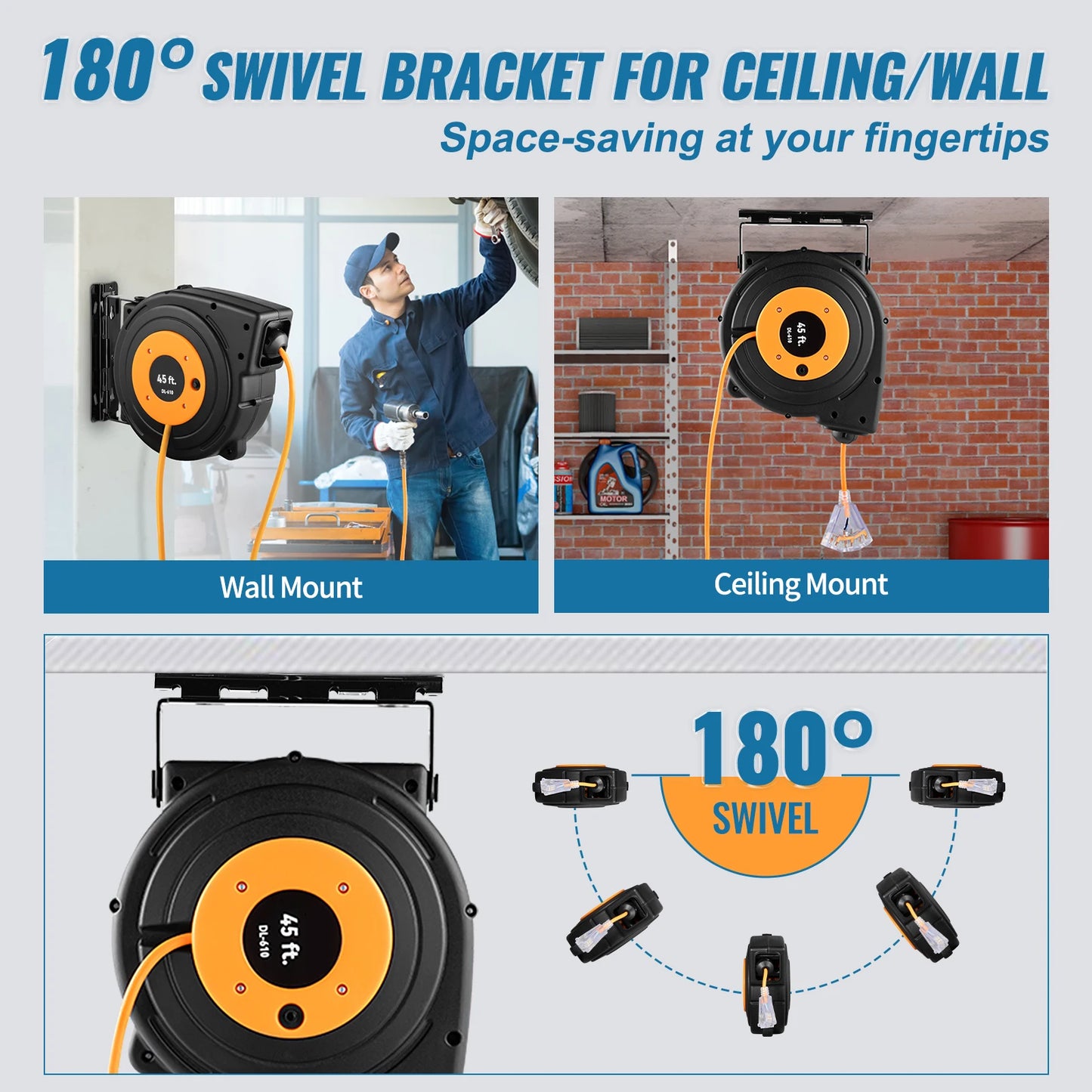 SucceBuy Retractable Extension Cord Reel 45 Ft Lighted Triple Tap Outlet