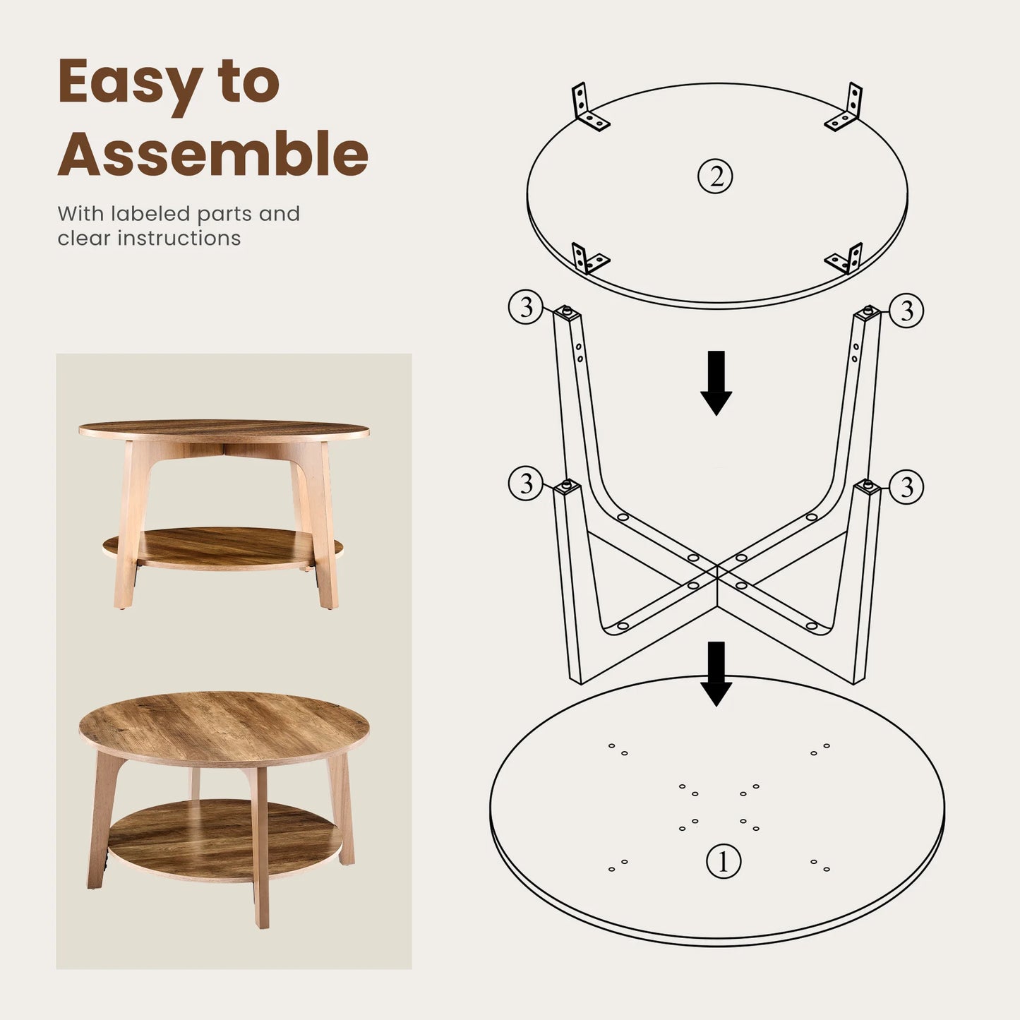JHK Round Coffee Table With Storage And Anti Slip Feet