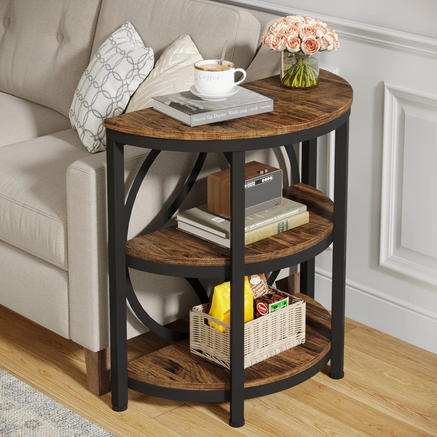 Tribesigns Half Round End Table With Storage Metal Frame