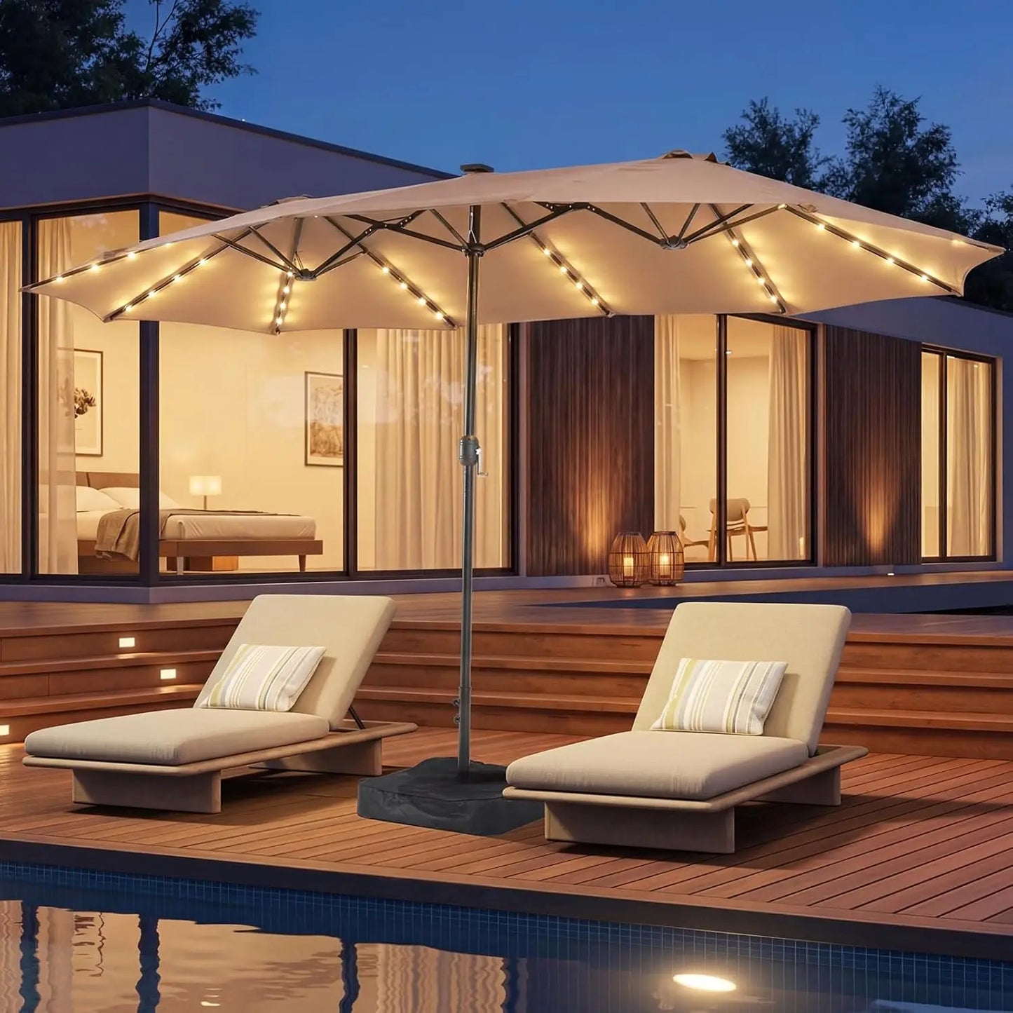 Double-Sided Rectangular Patio Umbrella With Crank And Base