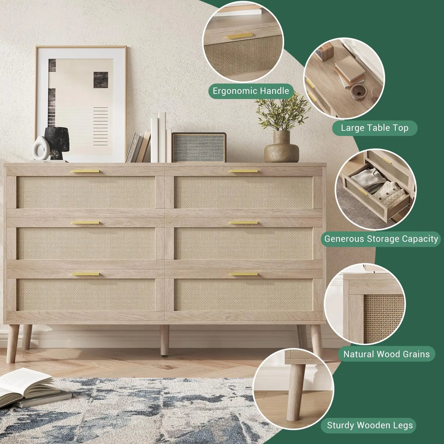 HiMISS 6 Drawer Rattan Dresser Mid Century Modern Wood Storage